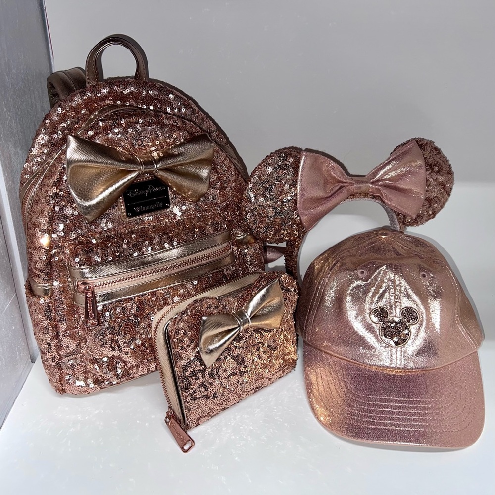 Loungefly Rose Gold Sequin Backpack, Wallet & Accessories Set